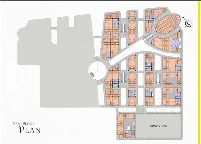 A detailed first floor plan of Migsun Rohini Central, illustrating the layout of retail spaces and other commercial units, along with access points.