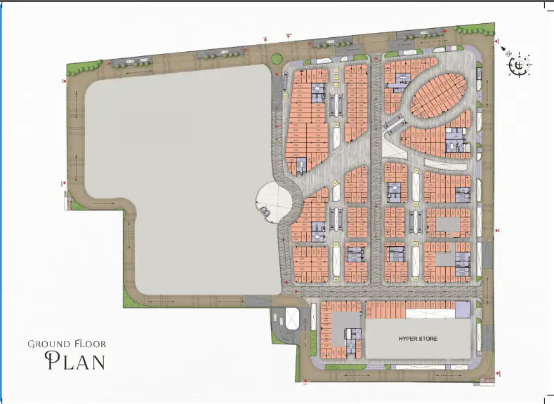 A detailed site plan for the ground floor of Migsun Rohini Central, showing the arrangement of retail shops, walkways, and large hyper store spaces.