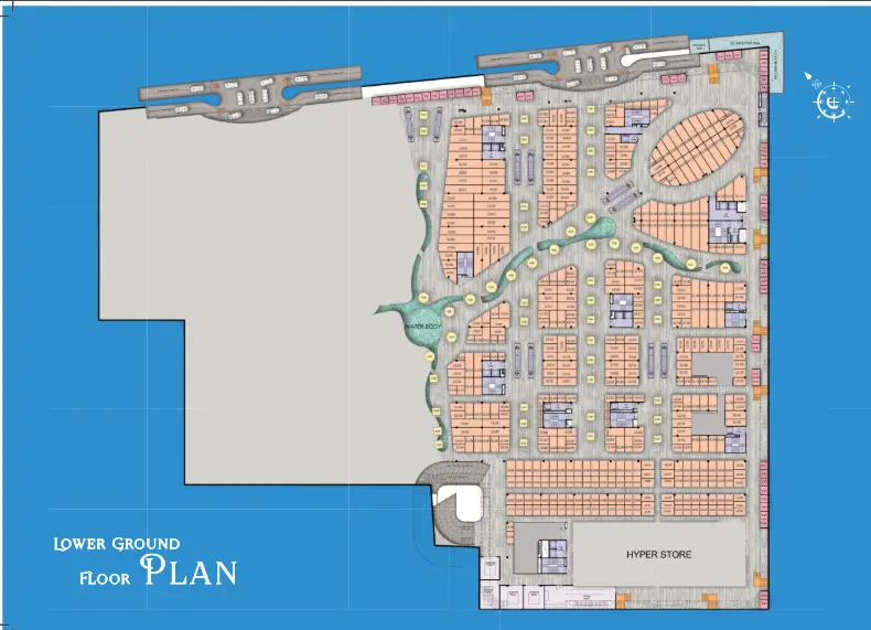 The detailed lower ground floor site plan of Migsun Rohini Central, showcasing the layout of commercial spaces, pathways, and the hyper store.