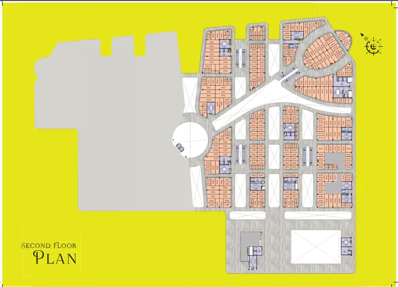 The second-floor layout of Migsun Rohini Central, detailing the commercial spaces, pathways, and access to upper levels.